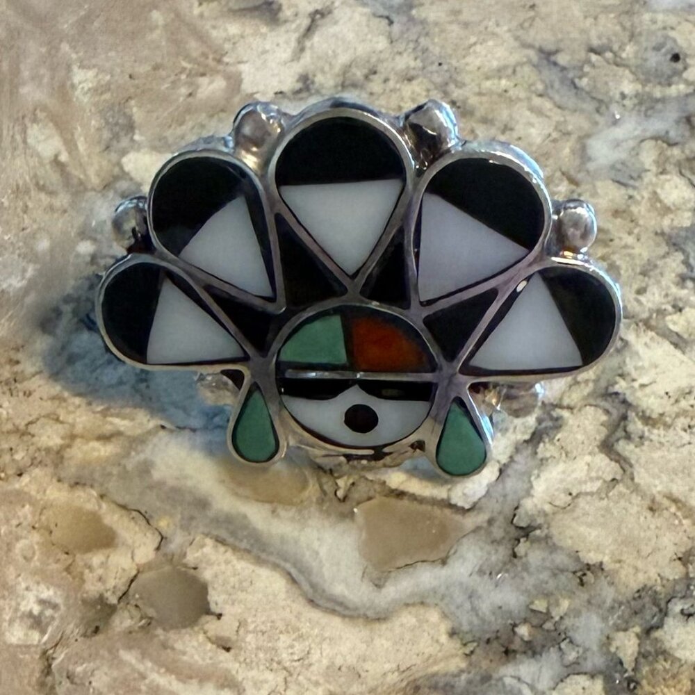 Sterling Silver Multicolor Inlay Zuni Sunface Style Ring Size 6 - Picture 4 of 7
